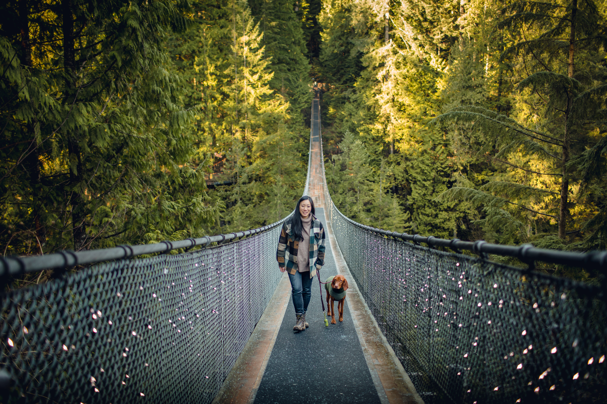 Woman and Dog on Bridge in Forest